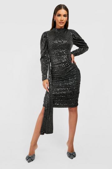 Sequin Puff Sleeve Drape Midi Party Dress black