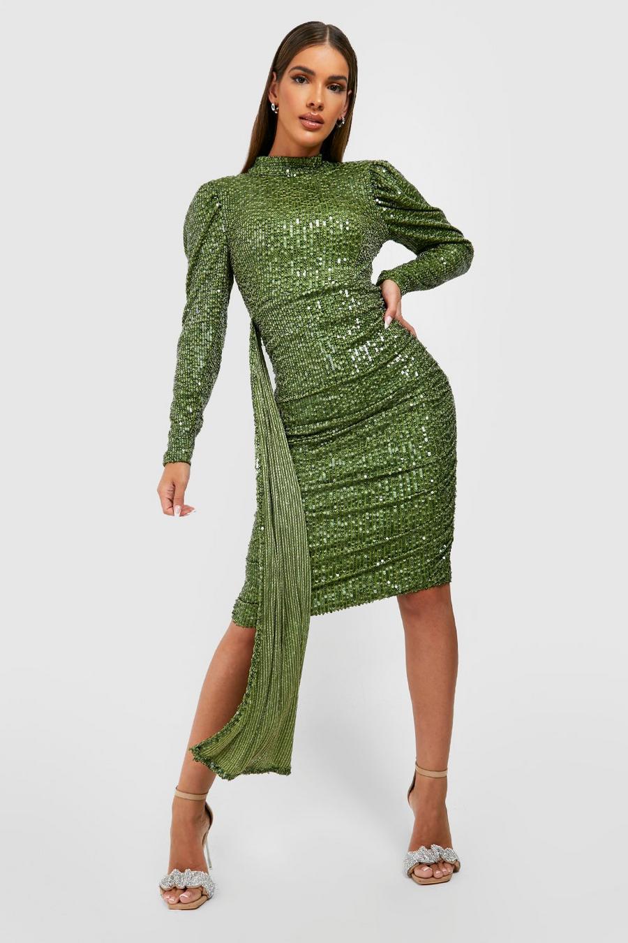 Olive green Sequin Puff Sleeve Drape Midi Party Dress