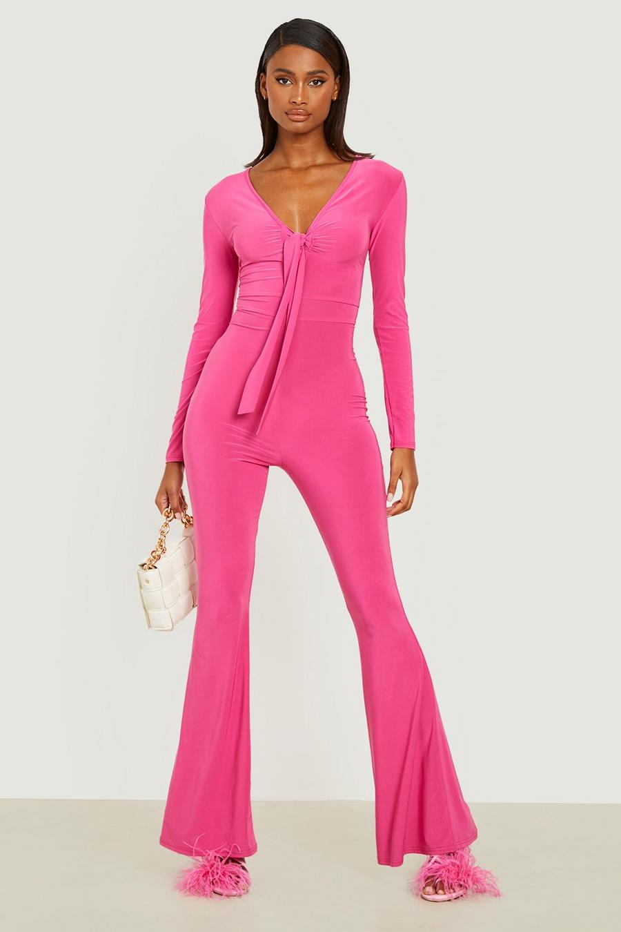 Hot pink Tie Front Flare Leg Slinky Jumpsuit