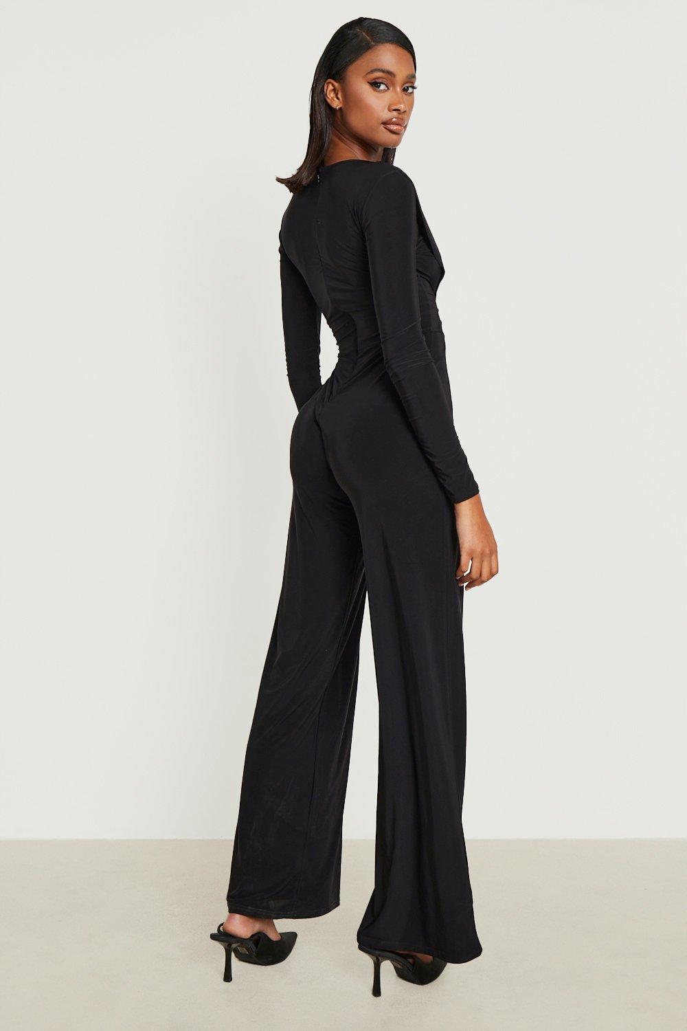 Maternity Rib Long Sleeve Wrap Belted Wide Leg Jumpsuit