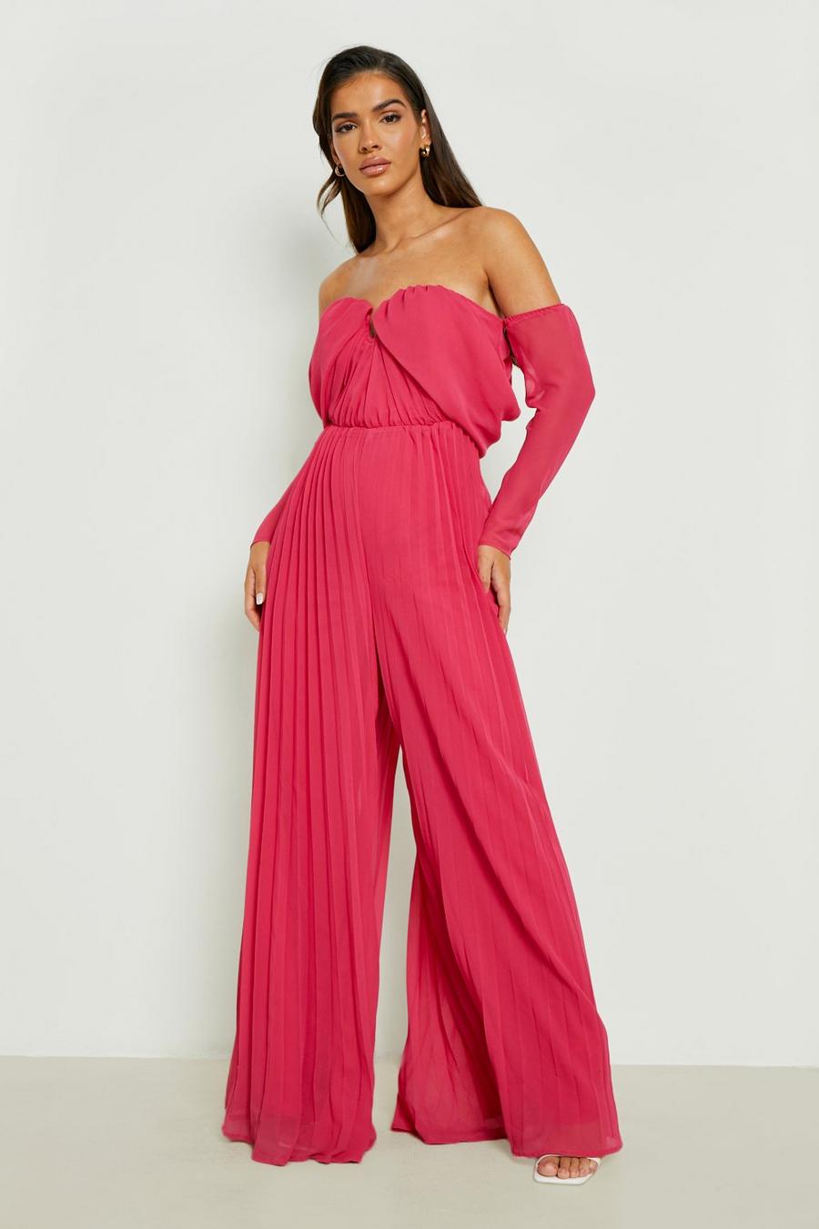 Bright pink Pleated Off The Shoulder Wide Leg Jumpsuit