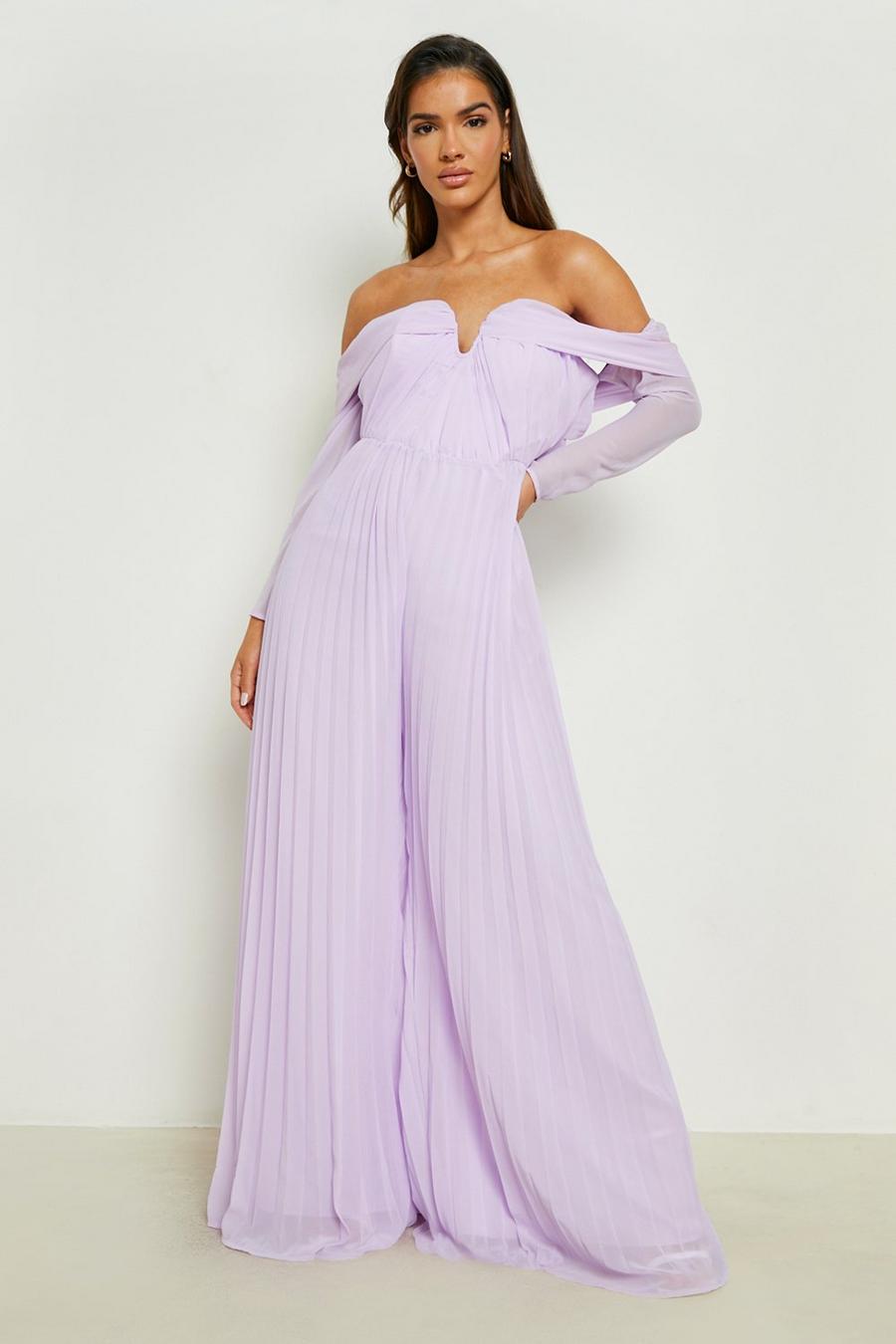 Lilac Pleated Off The Shoulder Wide Leg Jumpsuit image number 1