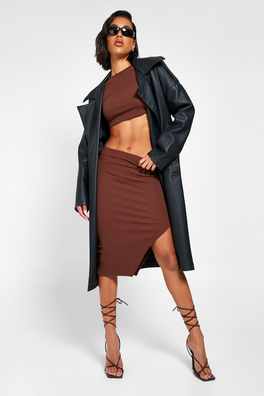 Chocolate brown Crinkle Rib Side Split Midi Skirt