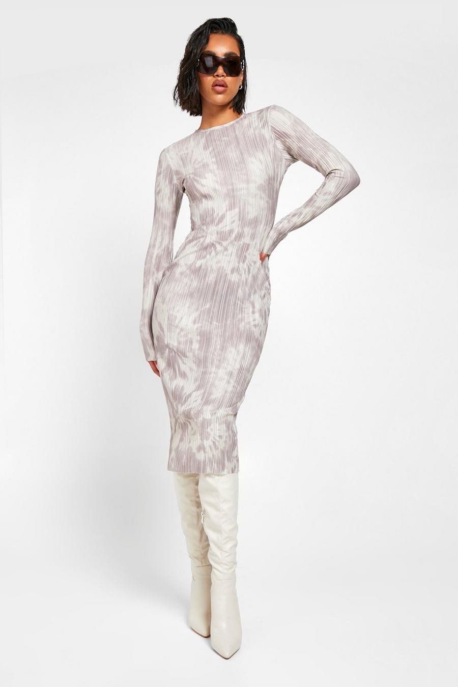 Cream vit Batikmönstrad midiklänning med dekorativa veck image number 1