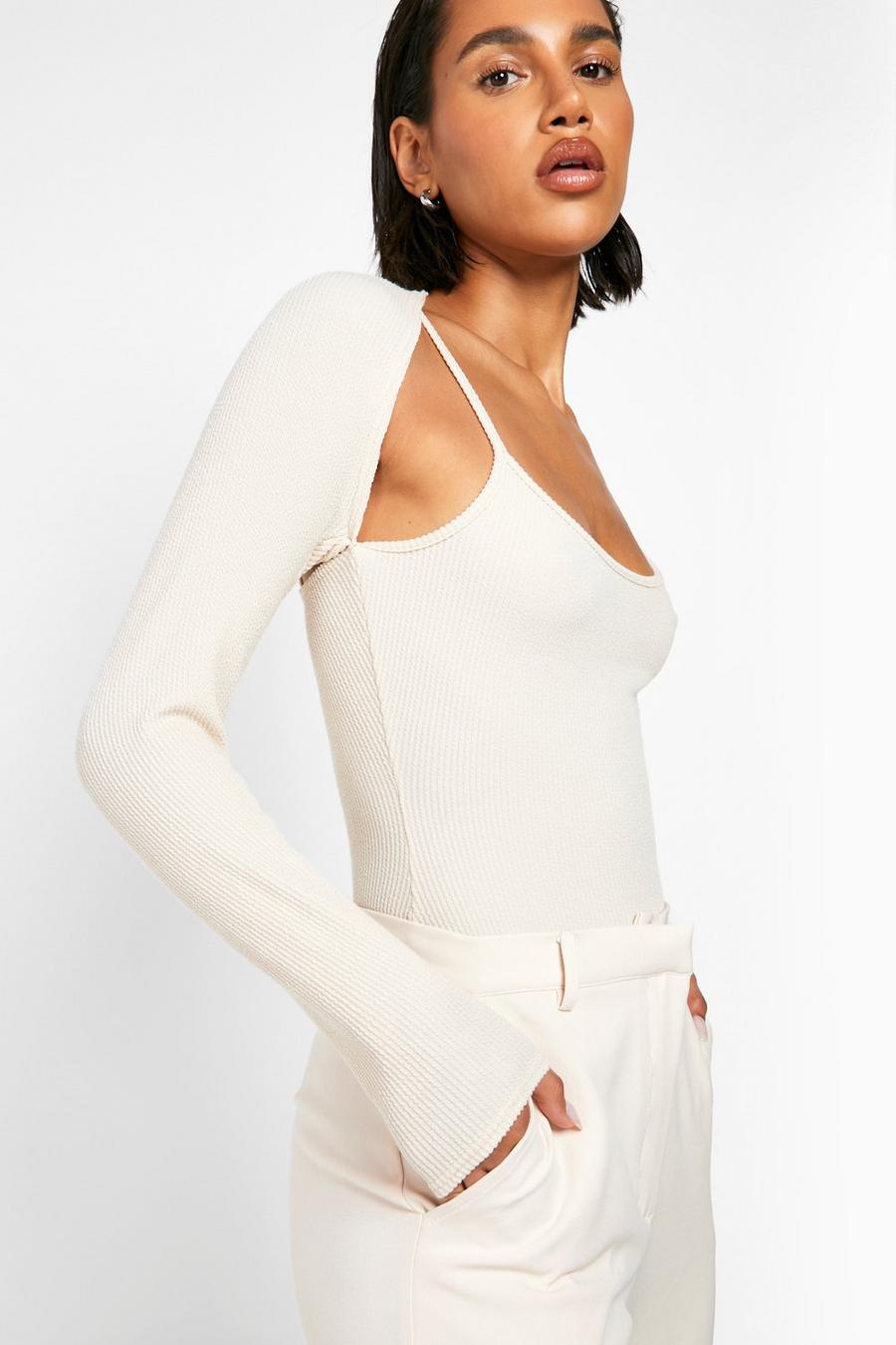 Stone beis Crinkle Rib Cut Out Bodysuit 