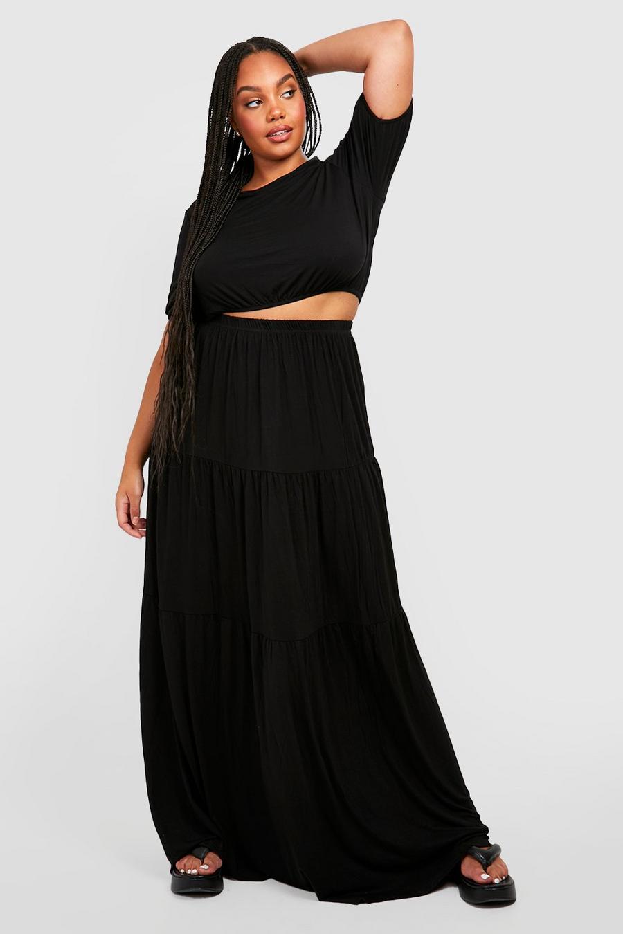 Black Plus Tiered Maxi Skirt Co-ord image number 1