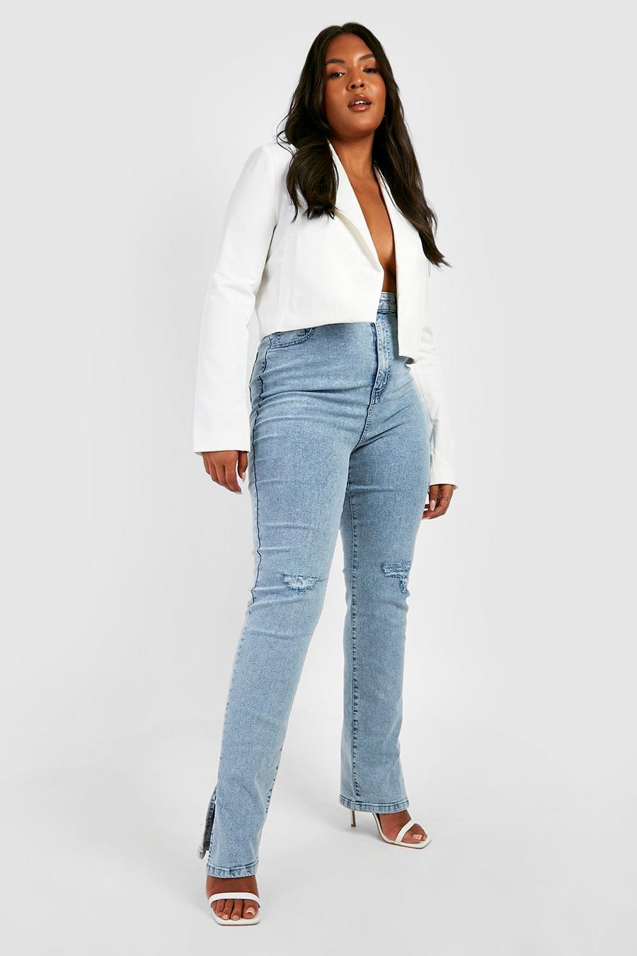 Mid wash Plus - Skinny jeans med slitsar och hög midja image number 1