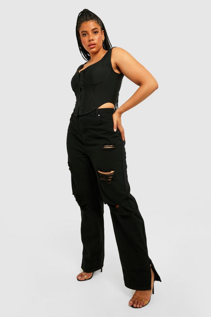 Jeans Plus Size a vita alta effetto smagliato con spacco sul fondo, Black negro