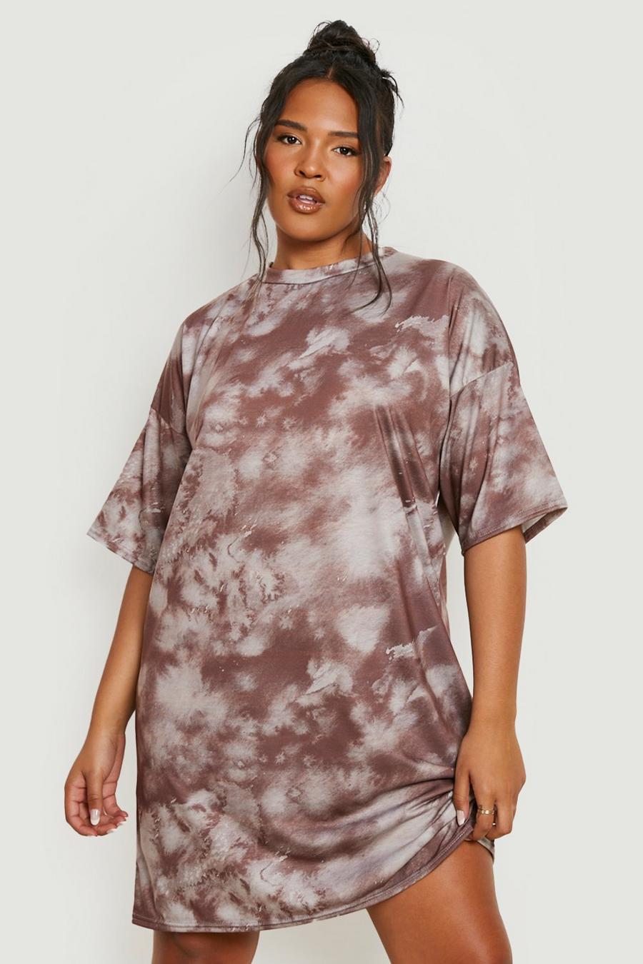 Vestito T-shirt Plus Size in fantasia tie dye, Brown marrón