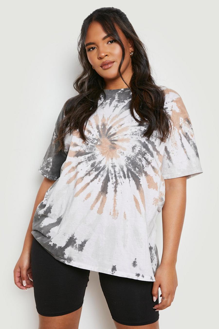T-shirt Plus Size in fantasia tie dye con stampa, Brown image number 1