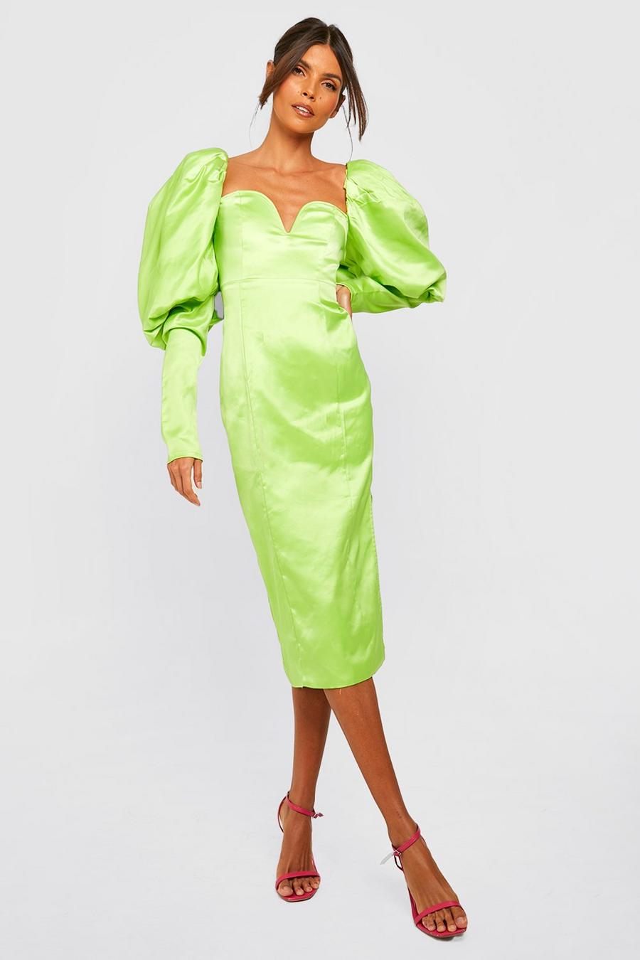 Lime Satin Puff Sleeve Midi Dress