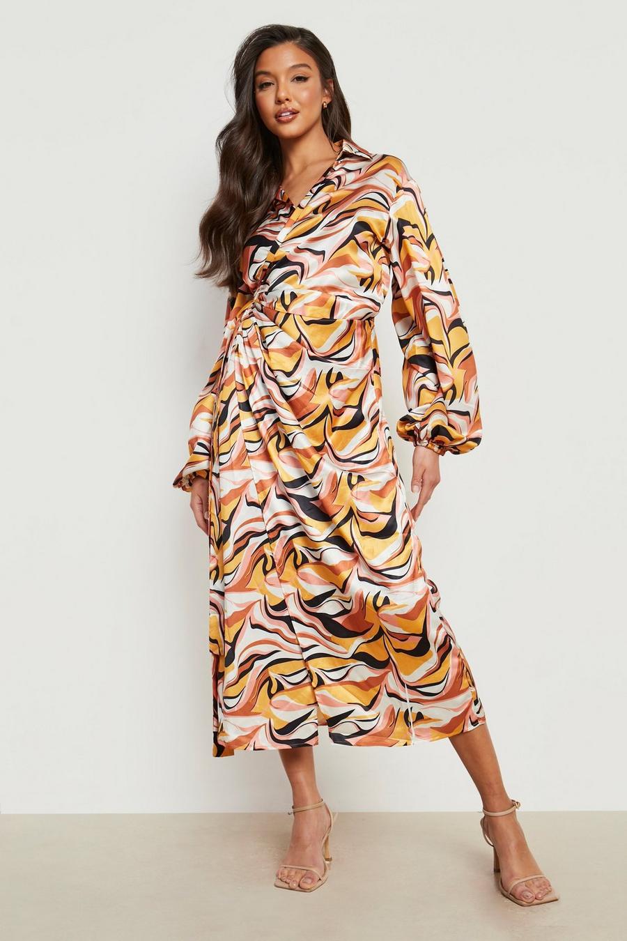 Mocha Swirl Print Satin Wrap Shirt Dress image number 1