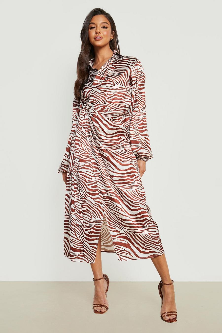 Mocha Zebra Print Satin Wrap Shirt Dress  image number 1