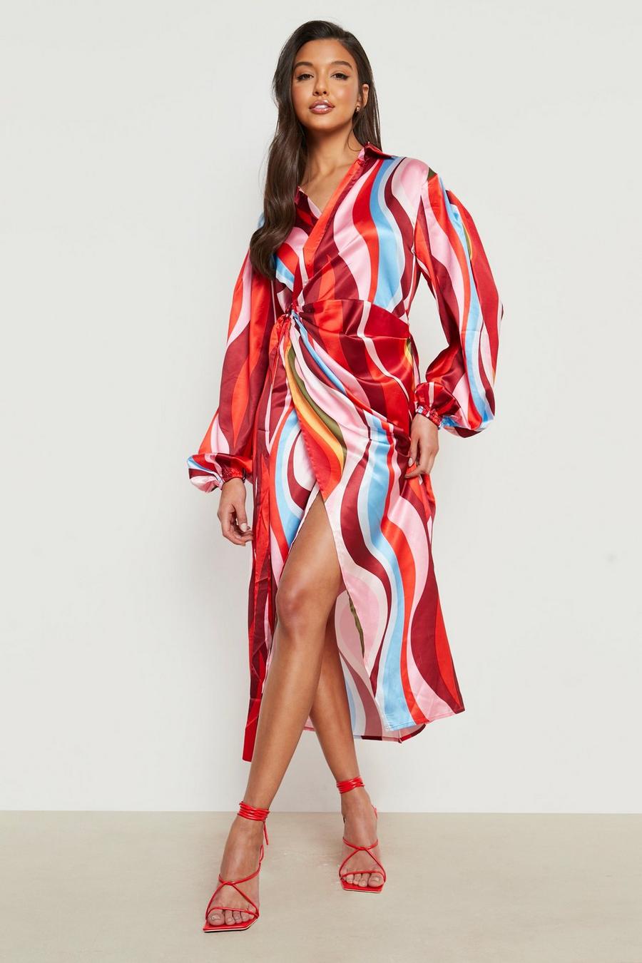 Berry Swirl Print Satin Wrap Shirt Dress image number 1