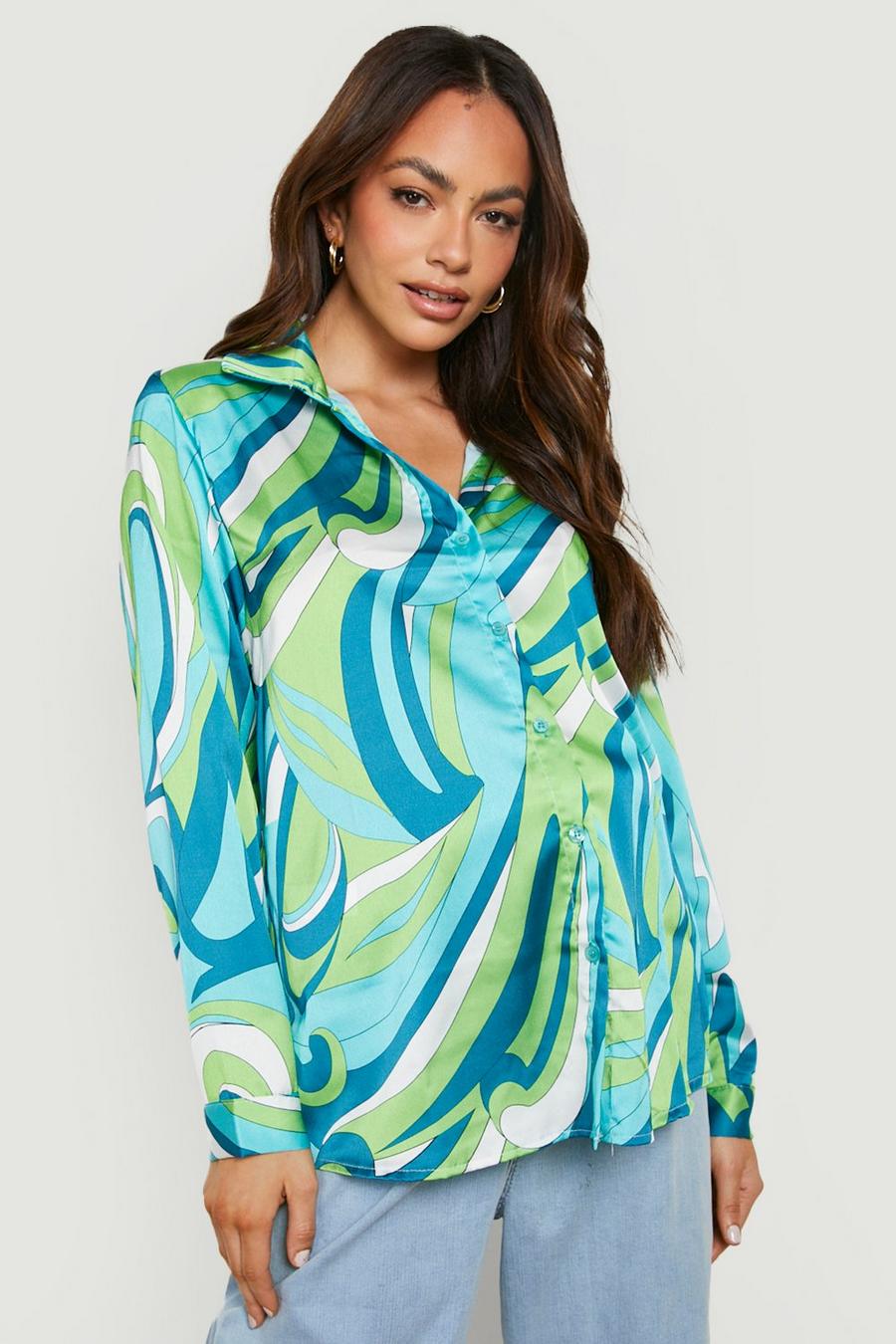 Blue Maternity Abstract Satin Oversized Shirt image number 1