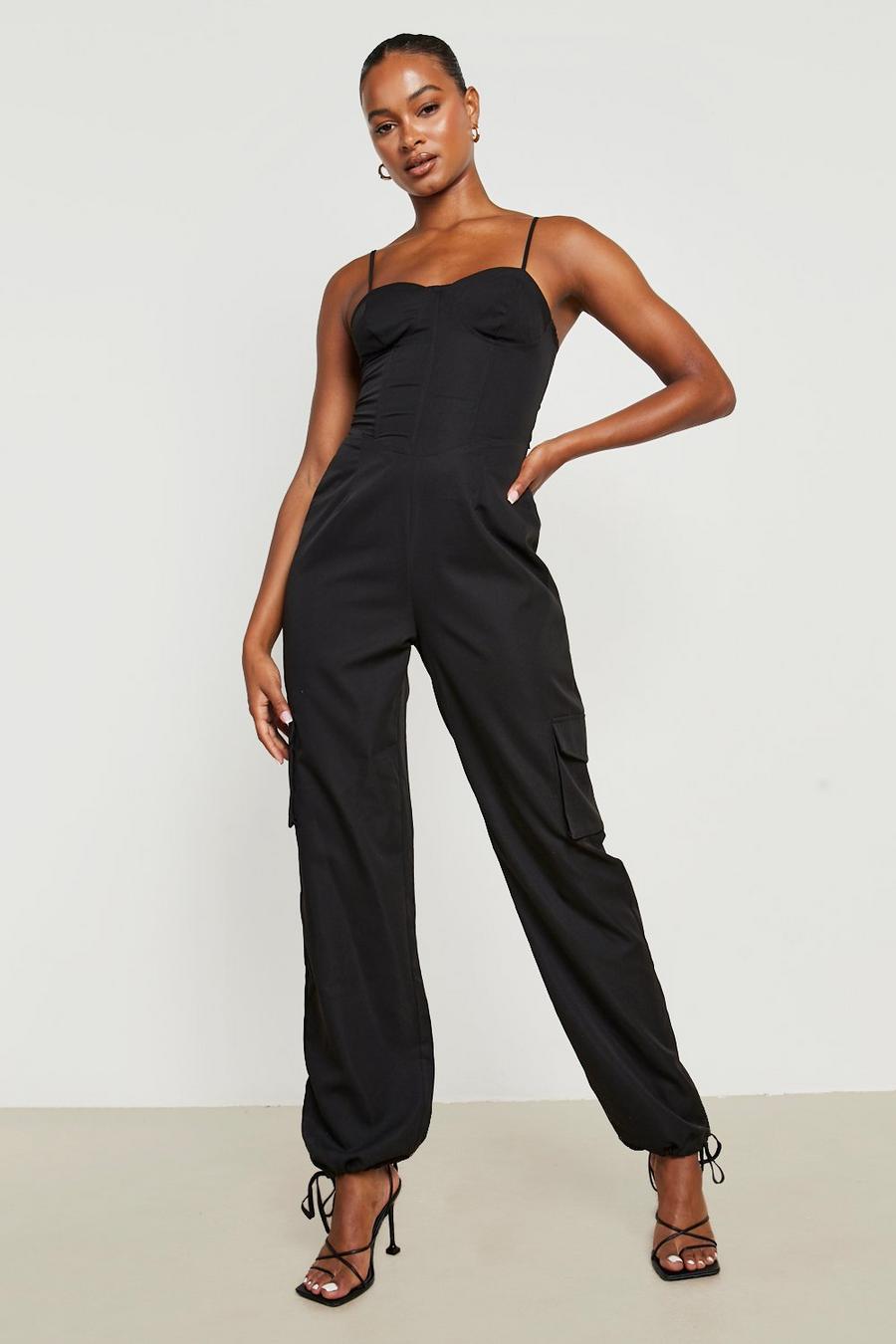 Black Tall Corset Detail Cargo Jumpsuit image number 1