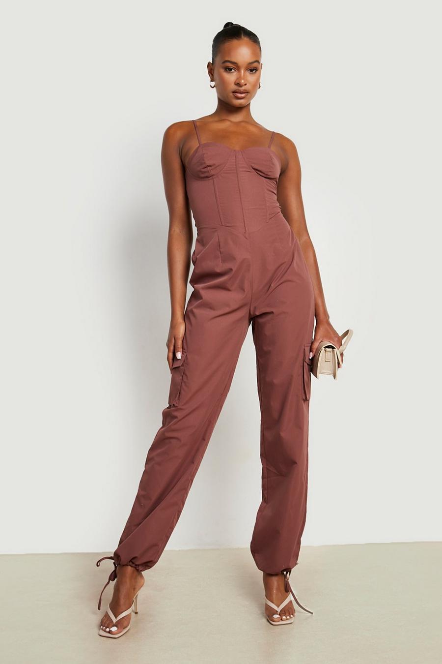 Chocolate Tall Corset Detail Cargo Jumpsuit image number 1