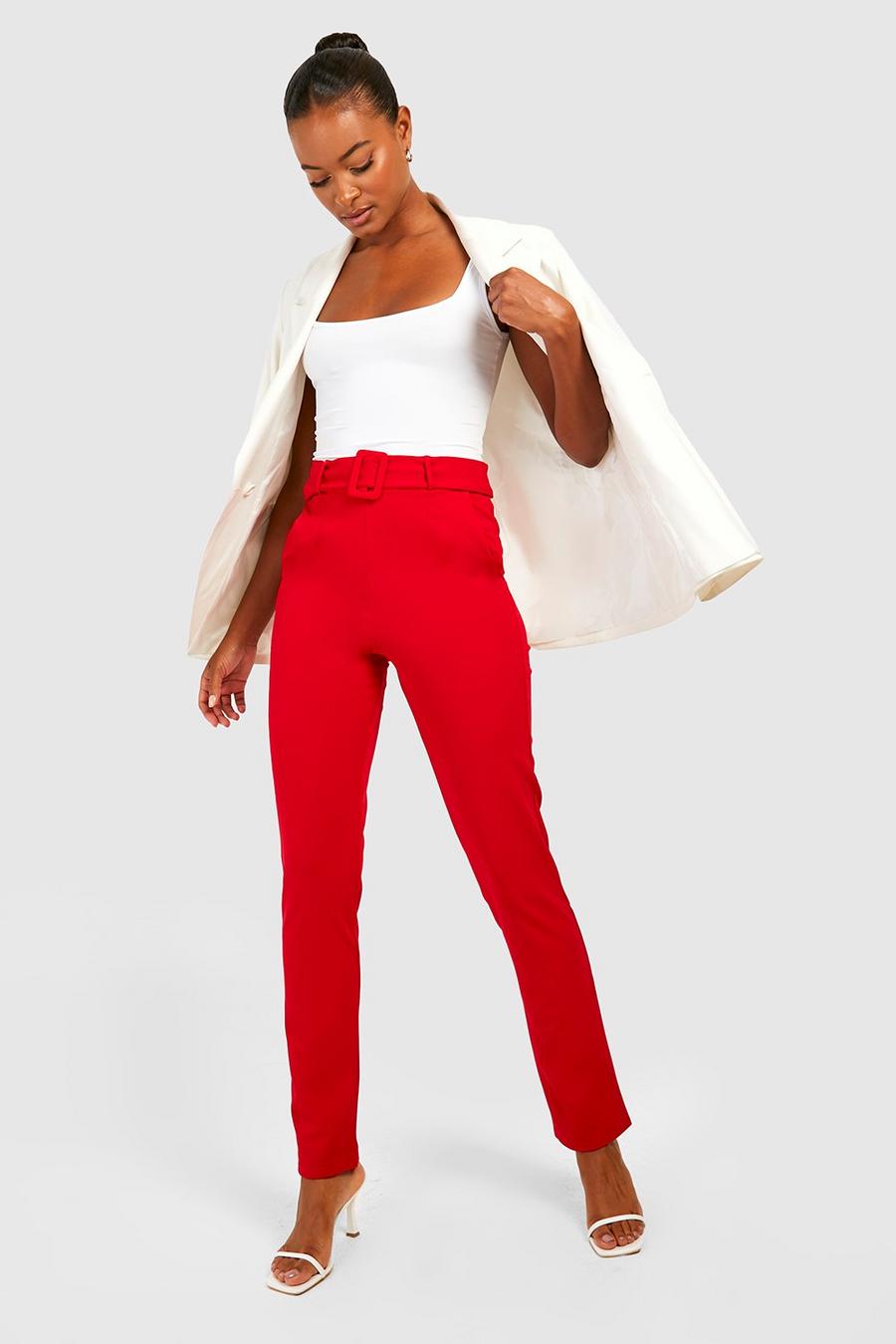 Red Tall Self Fabric Belt Tapered Pants image number 1