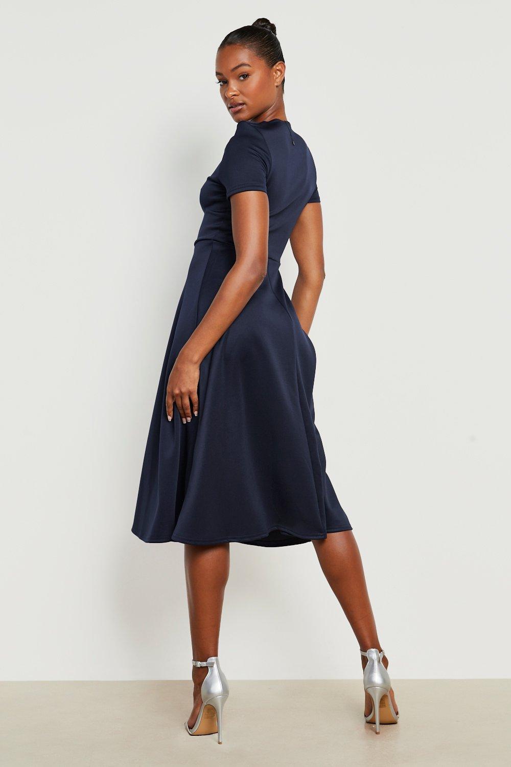 Boohoo twist detail skater dress sale in navy