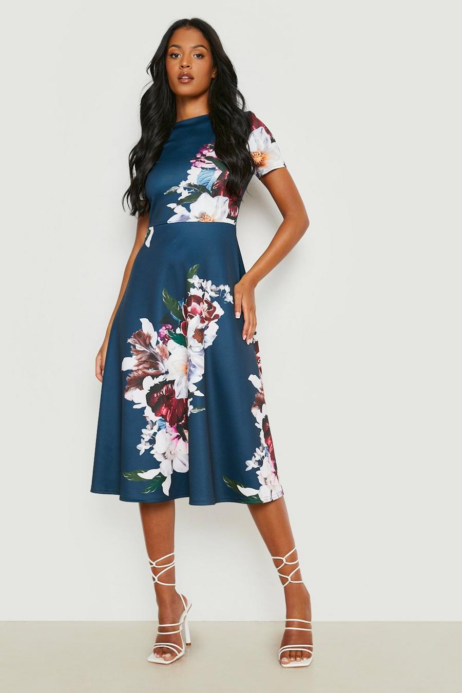 Navy Tall Floral Pleat Detail Midi Skater Dress image number 1