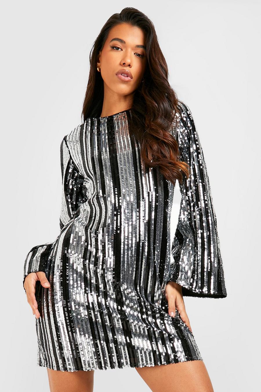 Silver Tall Sequin Flare Sleeve Mini Shift Dress image number 1