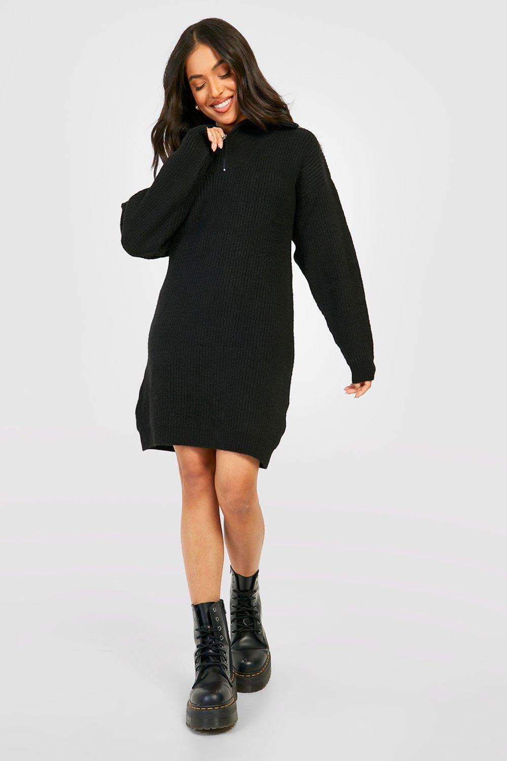 Boohoo Synthetic Petite Soft Knit Zip Polo Jumper Dress in Black Womens Clothing Suits Skirt suits 