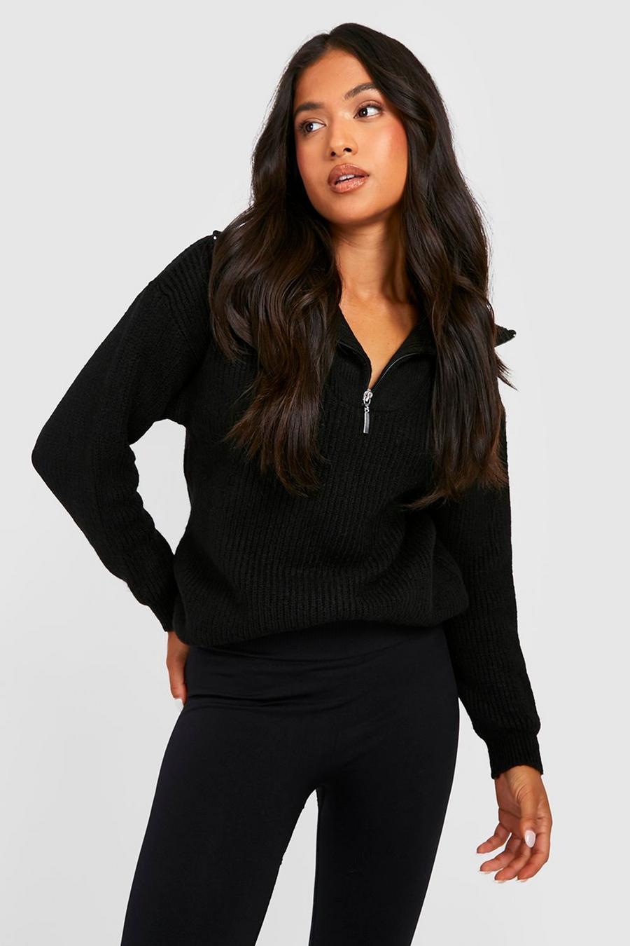 Black Petite Soft Brushed Knit Zip Polo Sweater image number 1