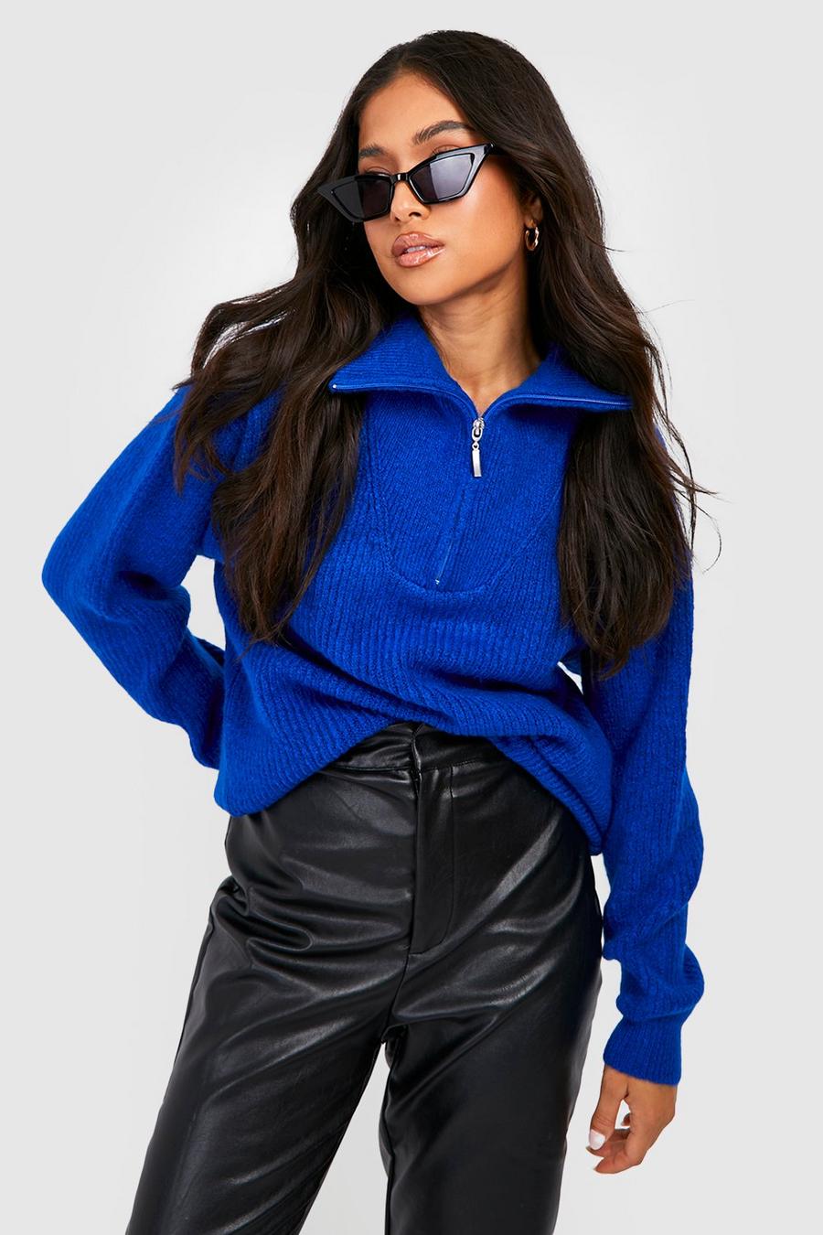 Cobalt blue Petite Soft Brushed Knit Zip Polo Sweater