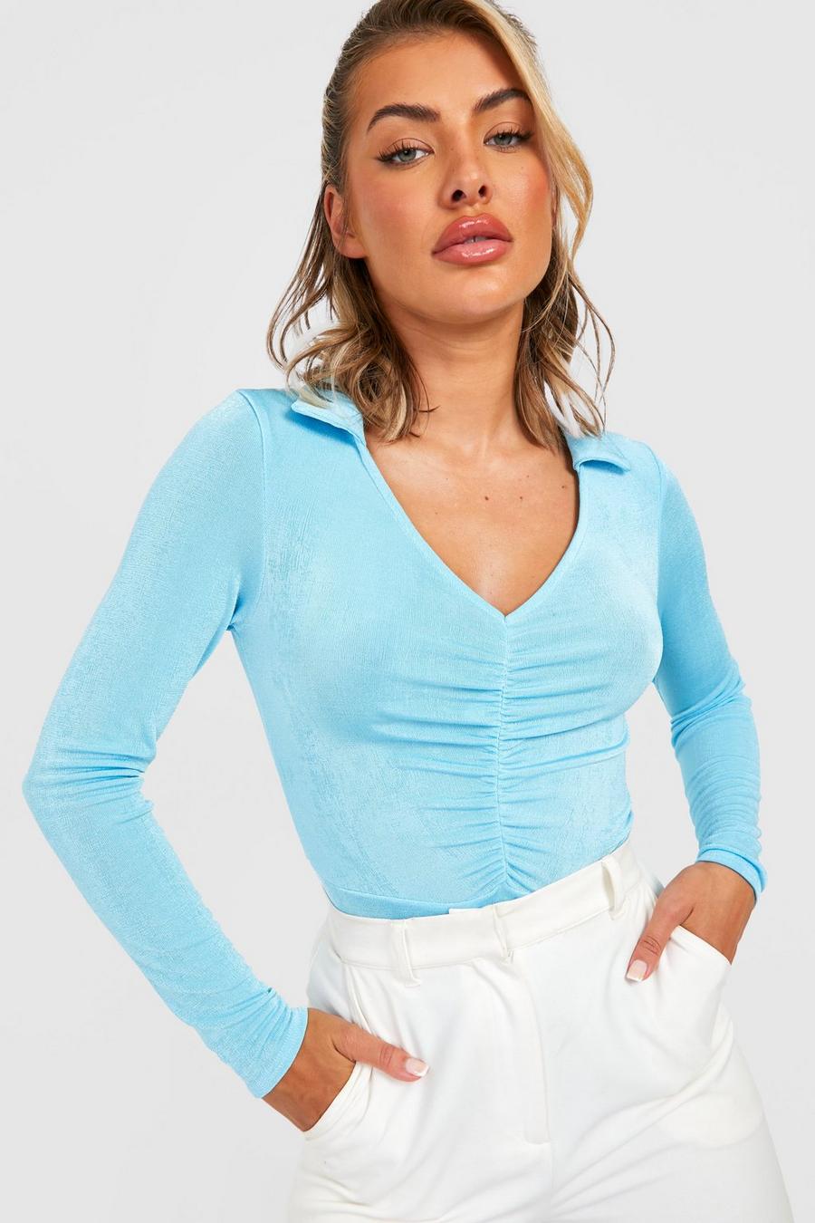 Aqua Ruched Front Collared Bodysuit  image number 1