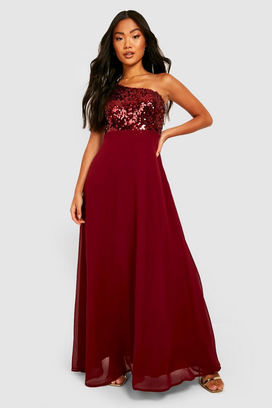 Berry Petite Sequin One Shoulder Occasion Dress image number 1