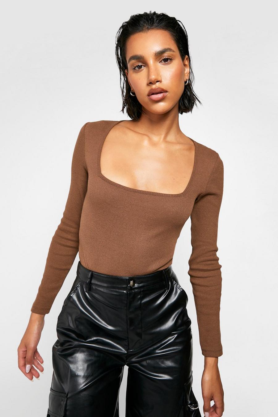 Chocolate brown Square Neck Long Sleeve Bodysuit