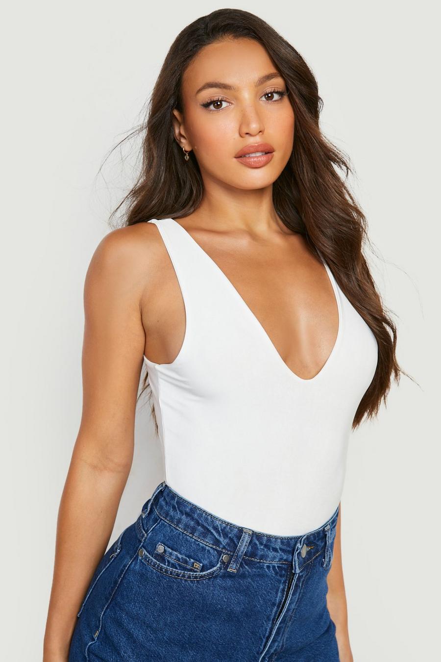 Deep Plunge Double V Top in White Semi-sheer Light Weight Jersey
