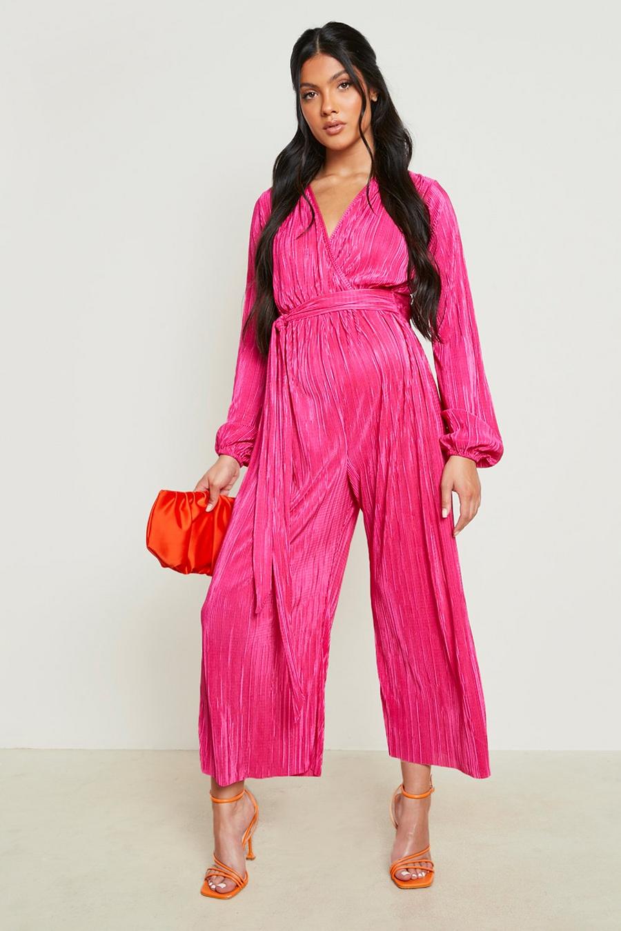 Hot pink rosa Maternity Plisse Wrap Culotte Jumpsuit