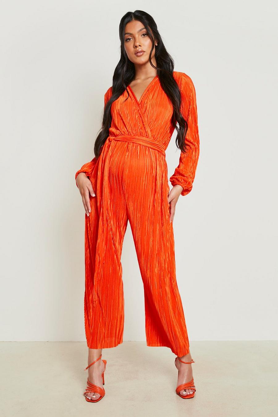 Orange Mammakläder Plisserad jumpsuit med omlott och vida ben image number 1