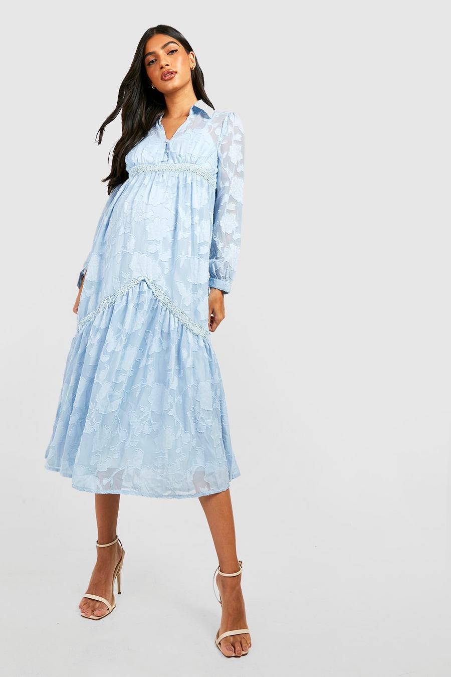 Blue Maternity Floral Button Smock Midi Dress