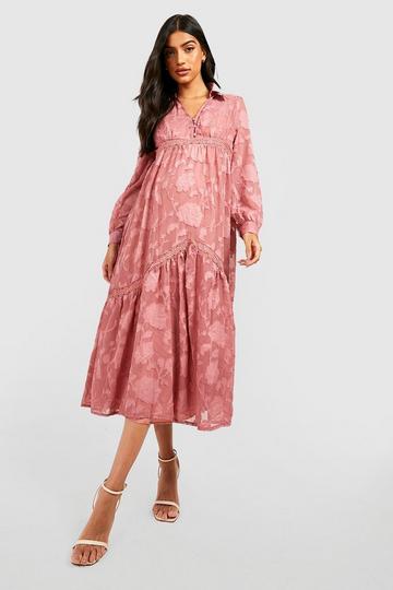 Rose Pink Maternity Floral Button Smock Midi Dress