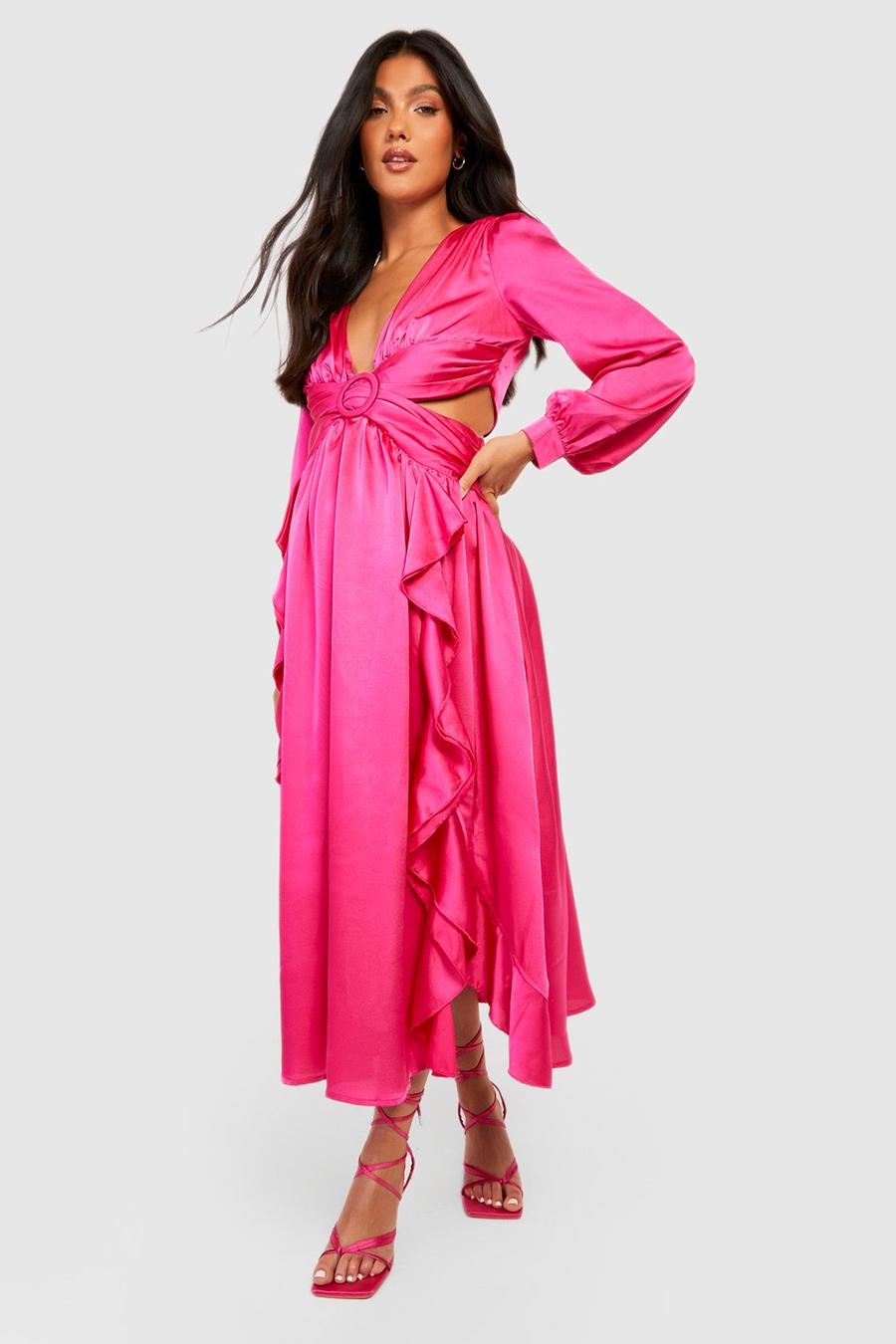 Hot pink Maternity Satin Ruffle Midaxi Dress