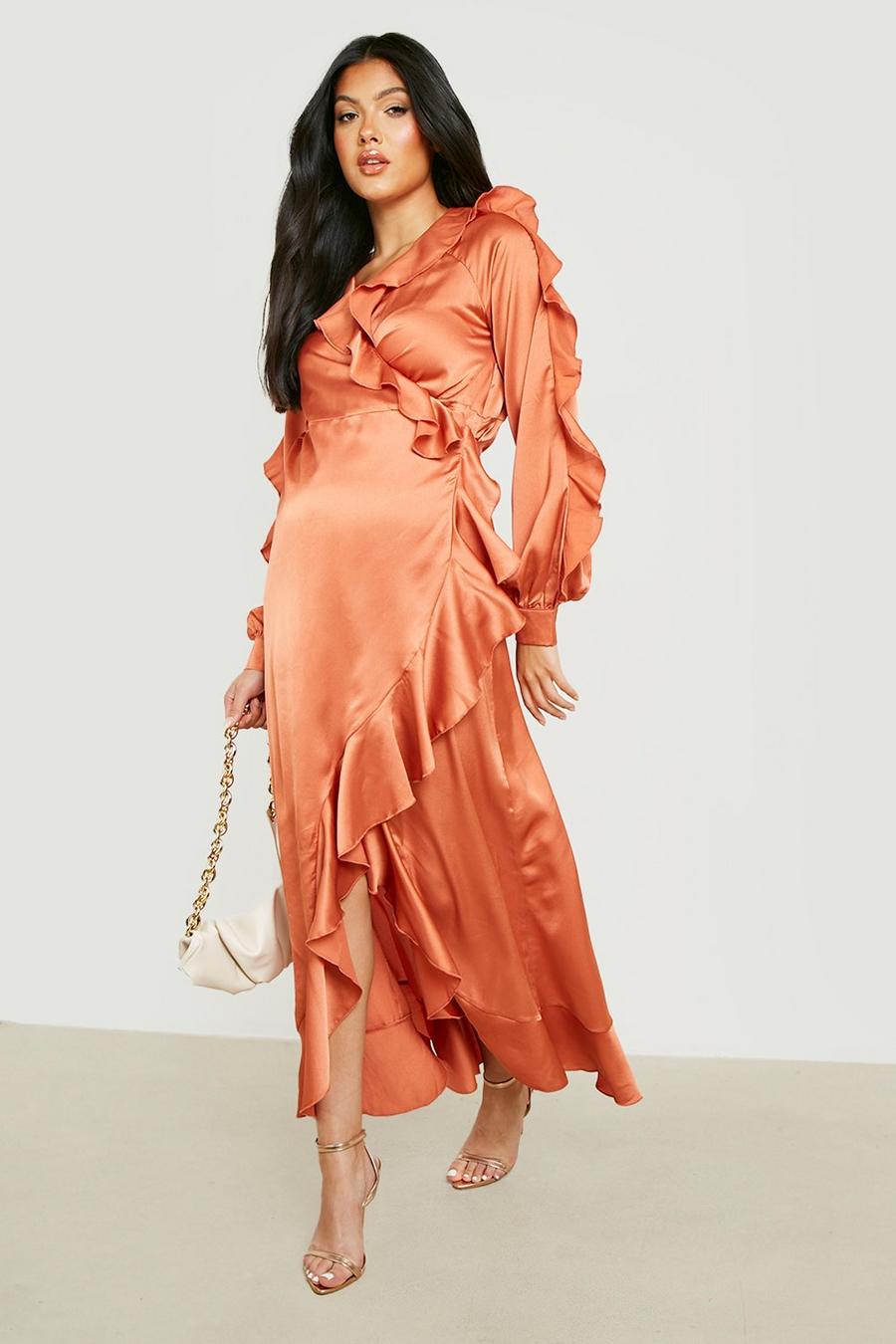 Rust orange Maternity Satin Ruffle Wrap Maxi Dress image number 1