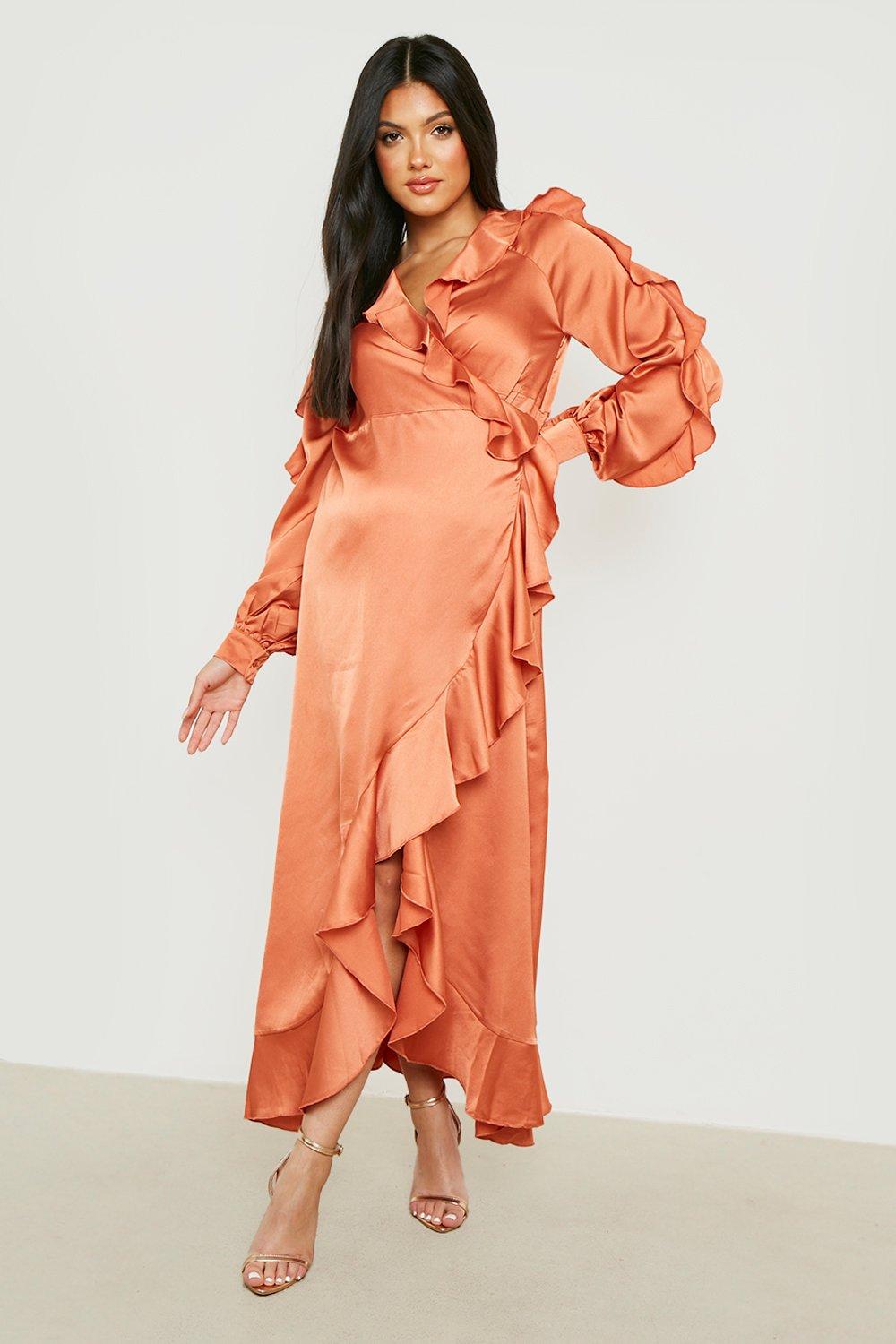 Satin Ruffle Wrap Maxi Dress