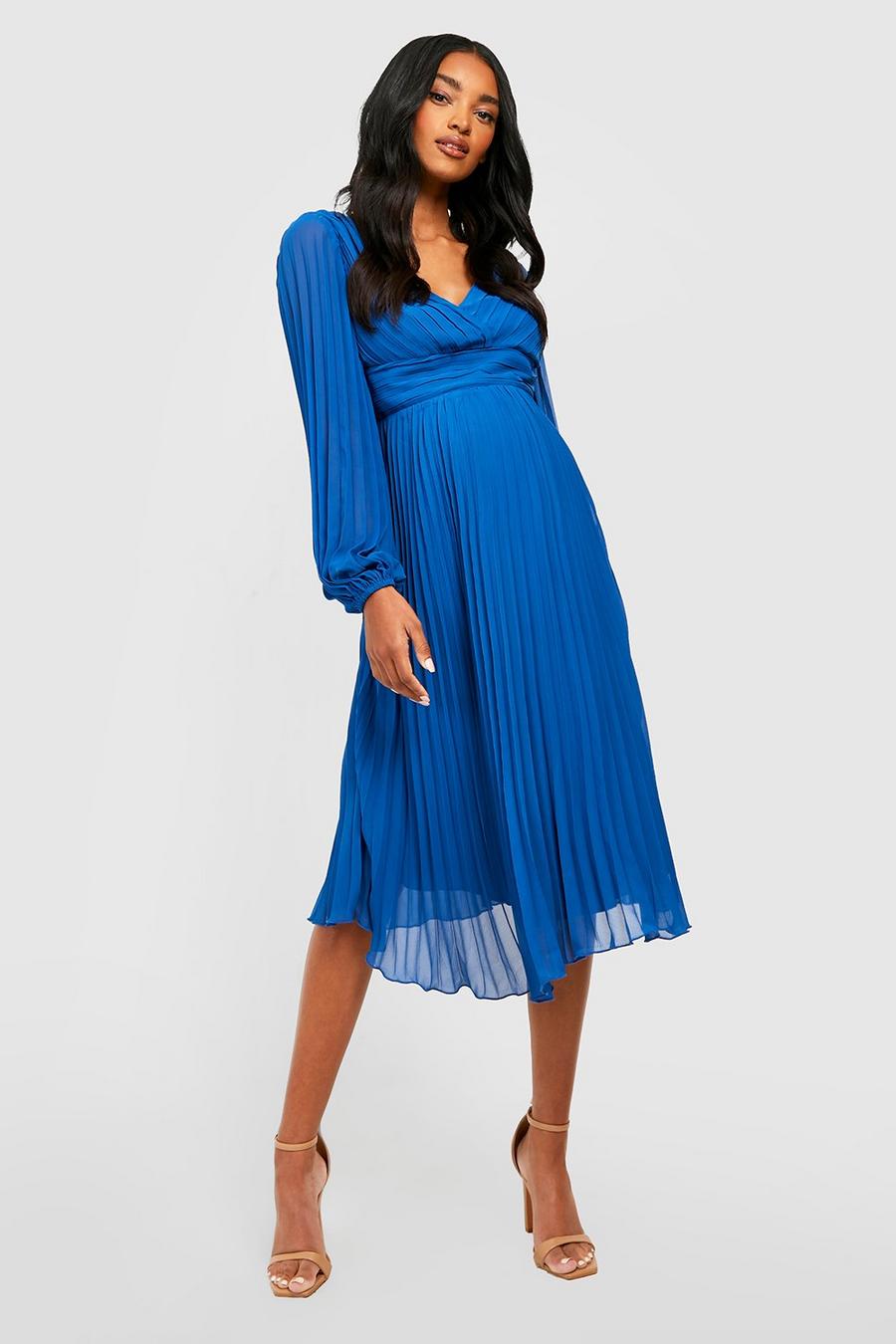 Maternity Pleated Puff Sleeve Midi Dress, Cobalt azzurro