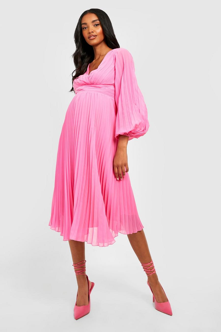 Pink Maternity Pleated Puff Sleeve Midi Dress image number 1