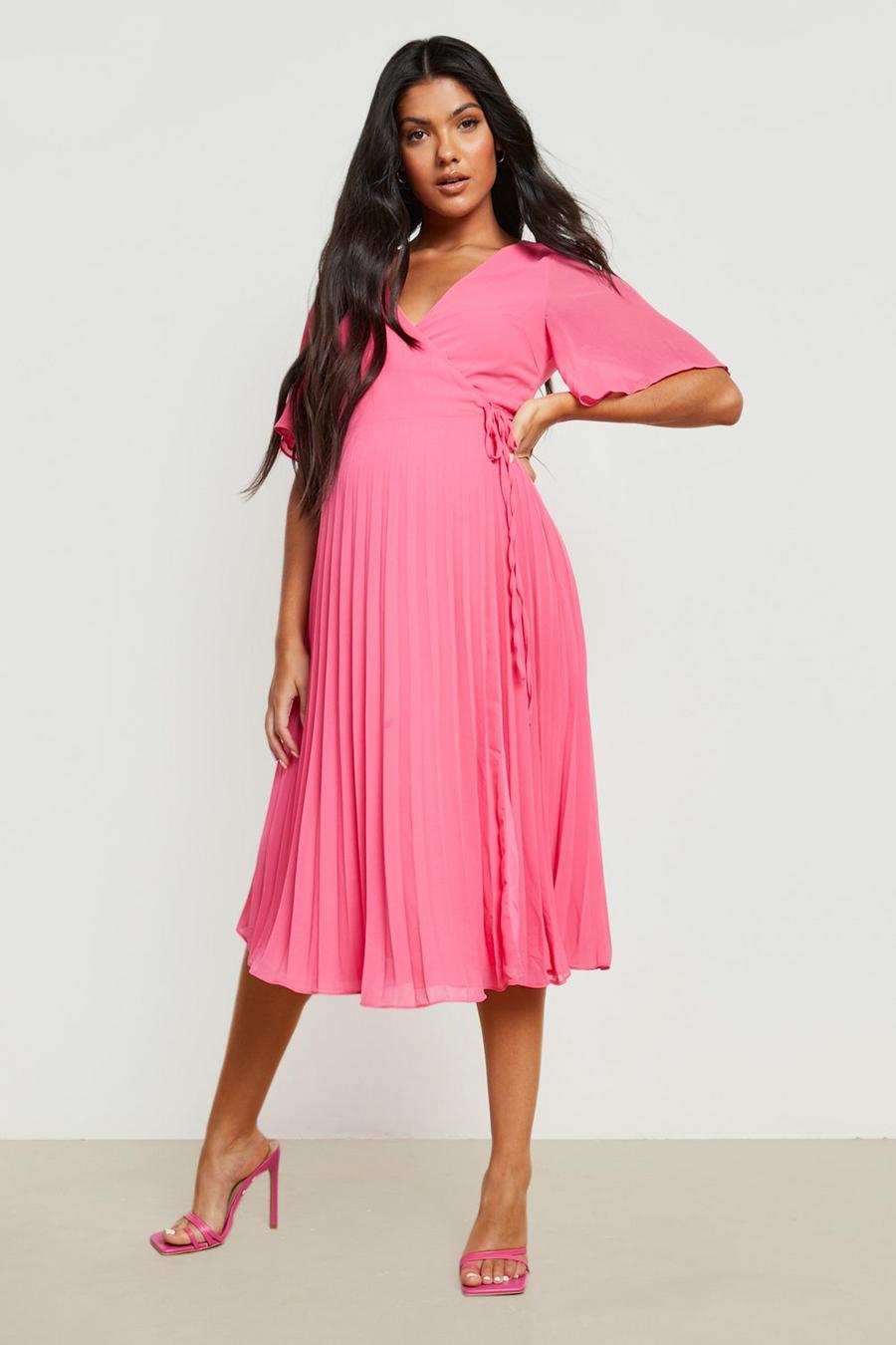 Hot pink Maternity Wrap Pleated Skater Midi Dress image number 1