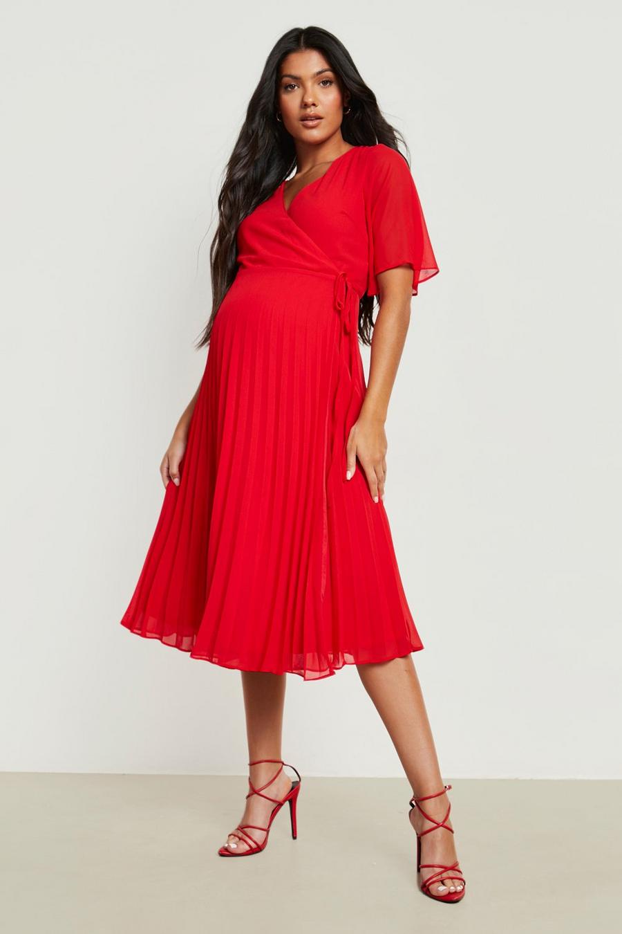 Red Maternity Wrap Pleated Skater Midi Dress image number 1