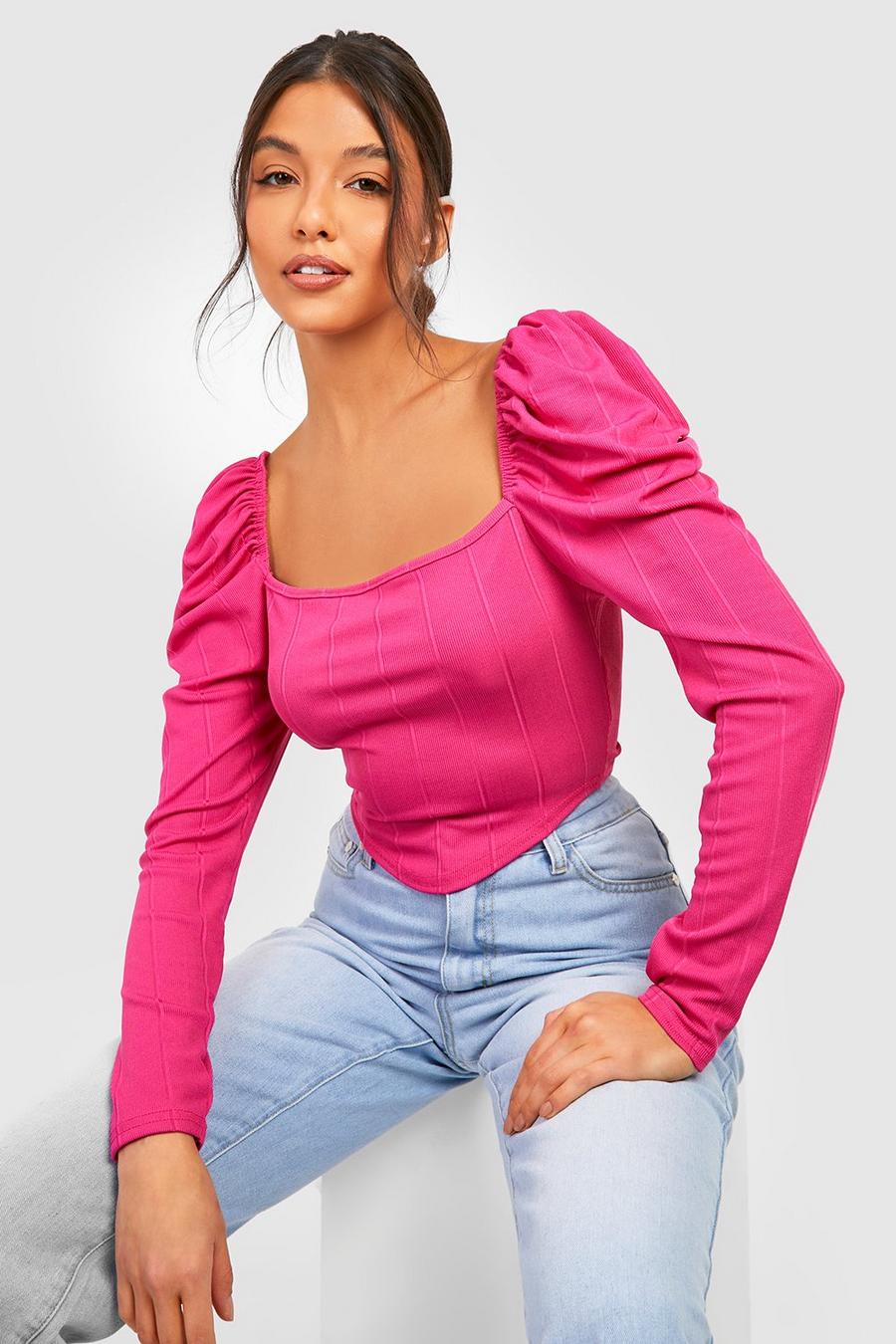 Top a corsetto fasciante con spalle a sbuffo, Hot pink image number 1