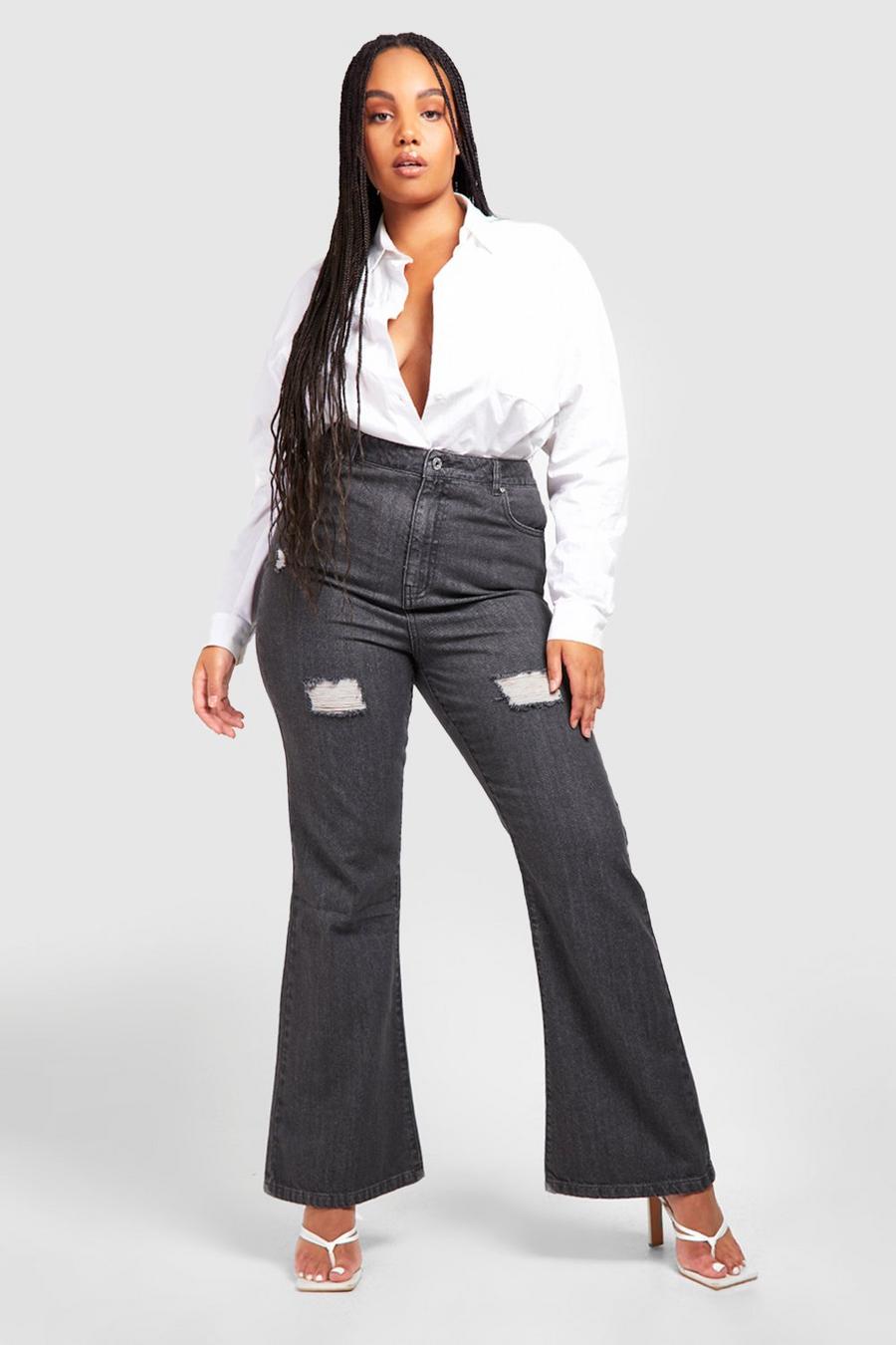 Jeans a zampa Plus Size a vita alta con strappi, Black image number 1