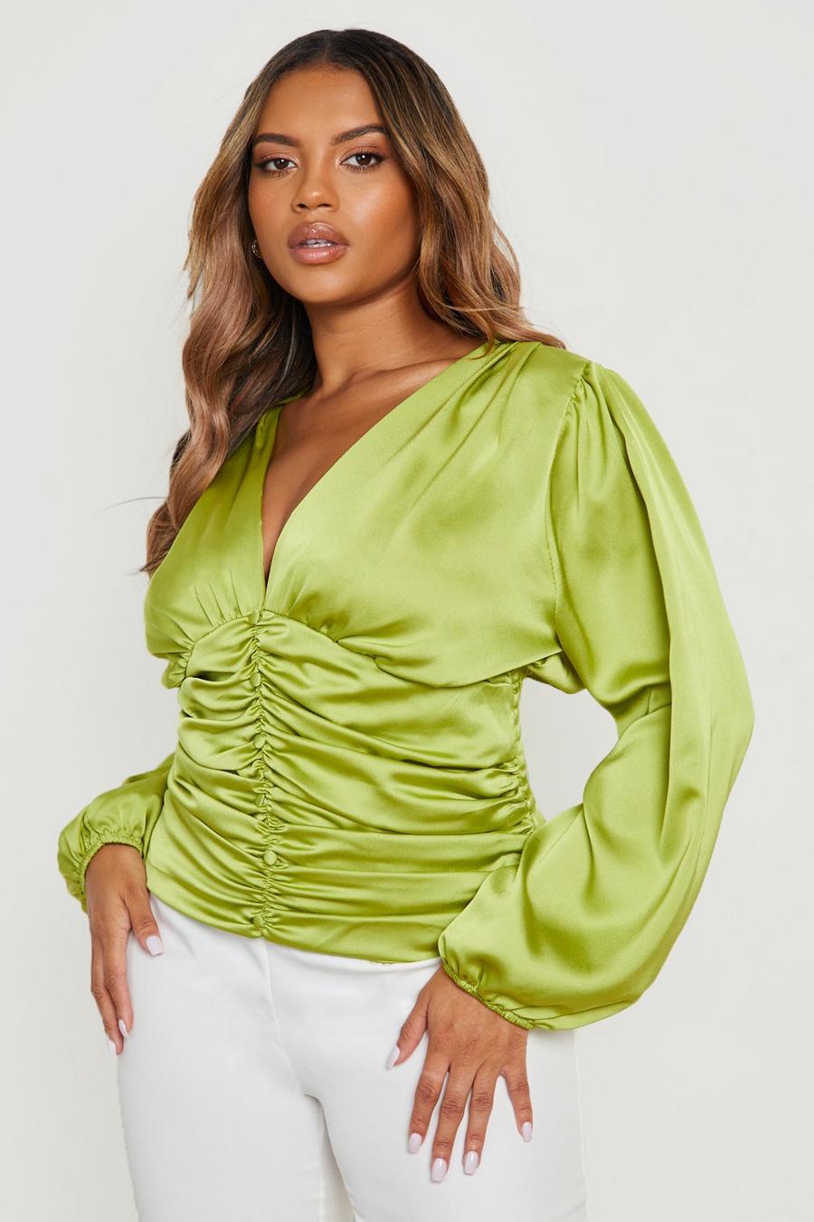 Olive green Plus Satin Ruched Front Blouse