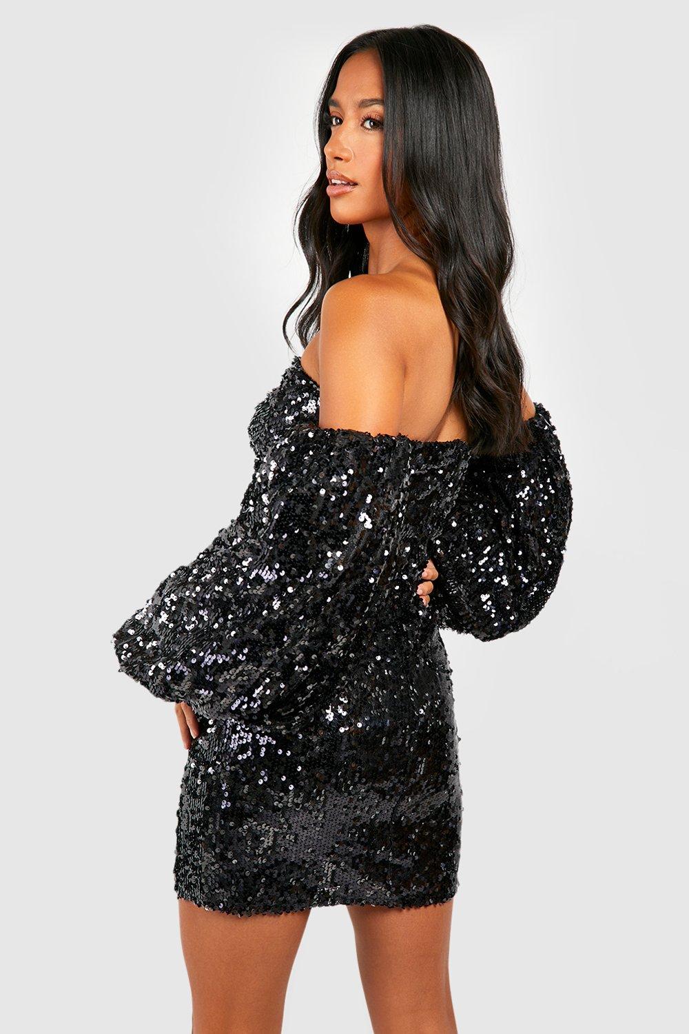 Petite Sequin Volume Puff Sleeve Mini Dress