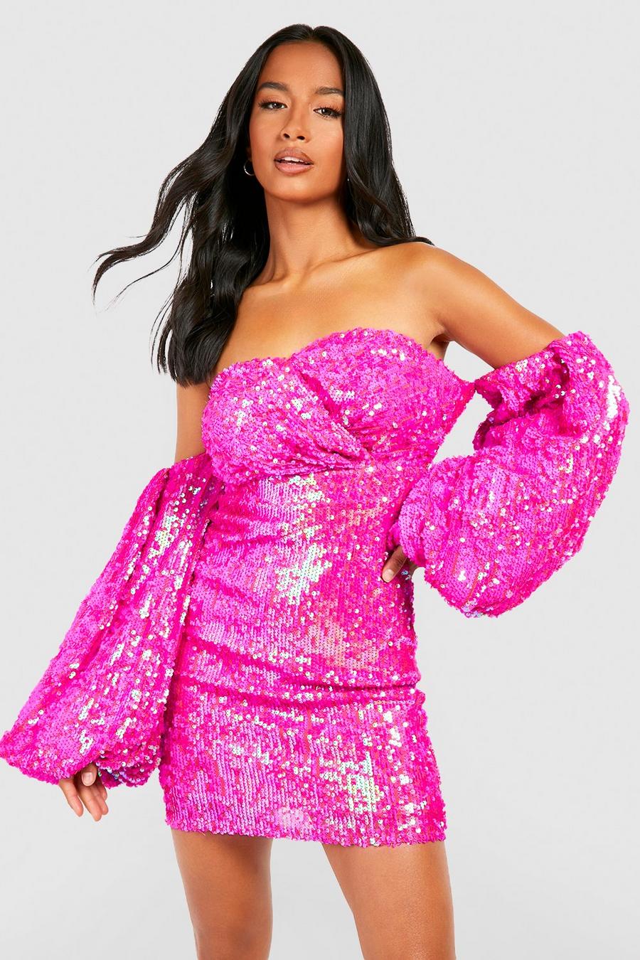 Petite - Robe courte pailletée à manches bouffantes, Hot pink image number 1