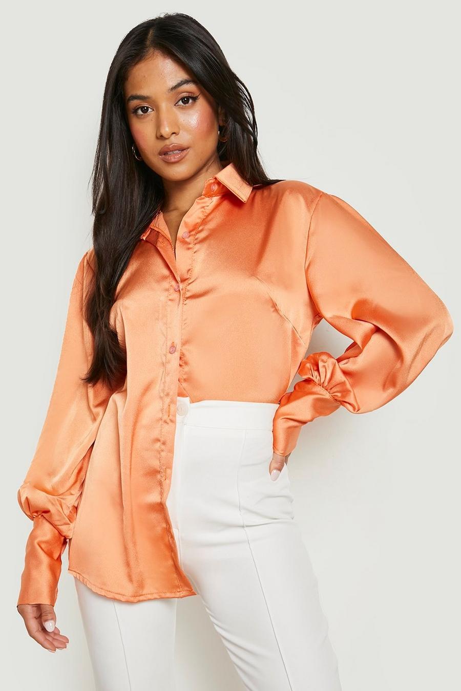 Orange Petite Satin Volume Sleeve Shirt  image number 1