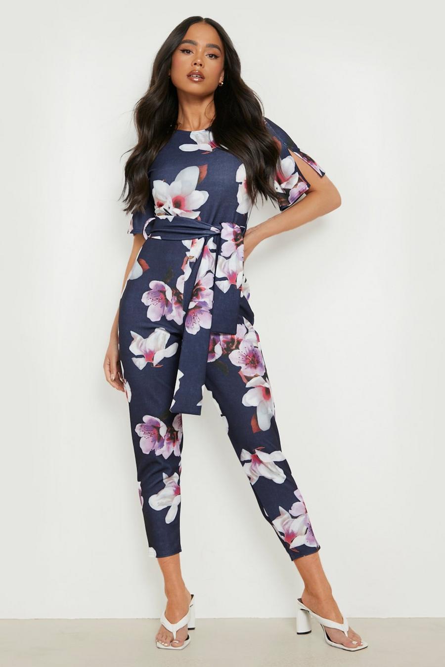 Navy Petite Floral Cape Sleeve Belted Jumpsuit